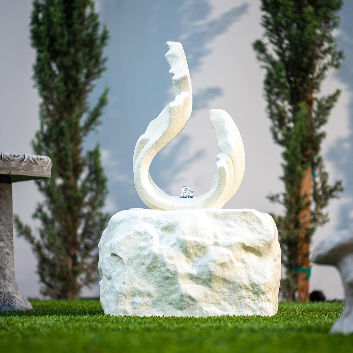 XBrand 25 in H Stone-Look Sculptural Modern Freestanding Fiber Resin Outdoor Garden Fountain w/LED Light, White