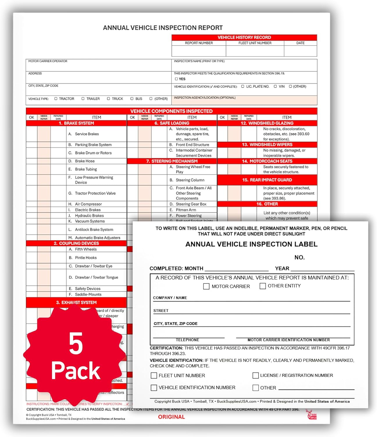 5 Pack 3-Ply Carbonless Annual Vehicle Inspection Report Forms with FMCSA 2-Ply Mylar Laminate Adhesive Vinyl Labels, DOT Inspection Forms and Stickers, Shrink-Wrapped, 8.5" x 11.75" - Made in USA
