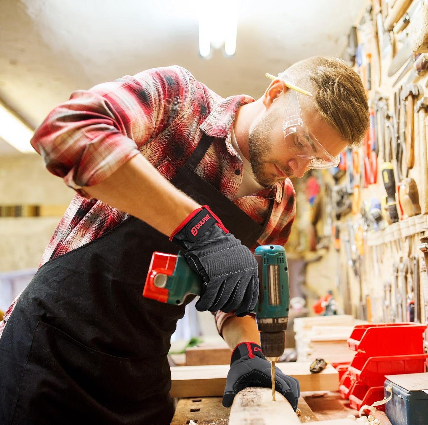 DULFINE Flex Grip Mechanic Work Gloves for Men,Black and Red Utility Safety Working Gloves Touch Screen,Excellent Grip,Ideal for Working on Cars and Outdoor Jobs(X-Large)