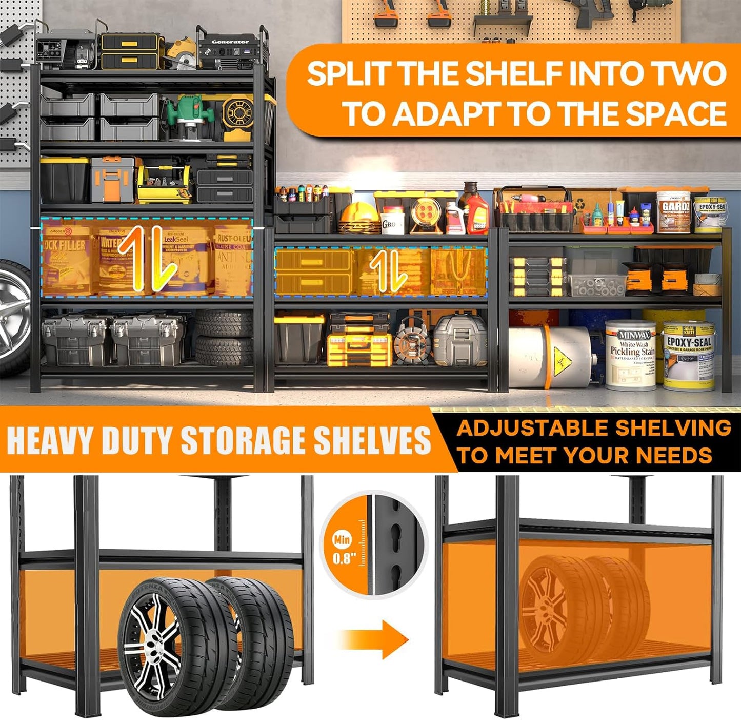 72''H Garage Shelving Heavy Duty Garage Storage Shelves, 3000 LBS Adjustable 5 Tier Industrial Shelving Unit, Metal Utility Shelf for Basement, Warehouse and Workshop (72''Hx36''Wx18''D, Black)