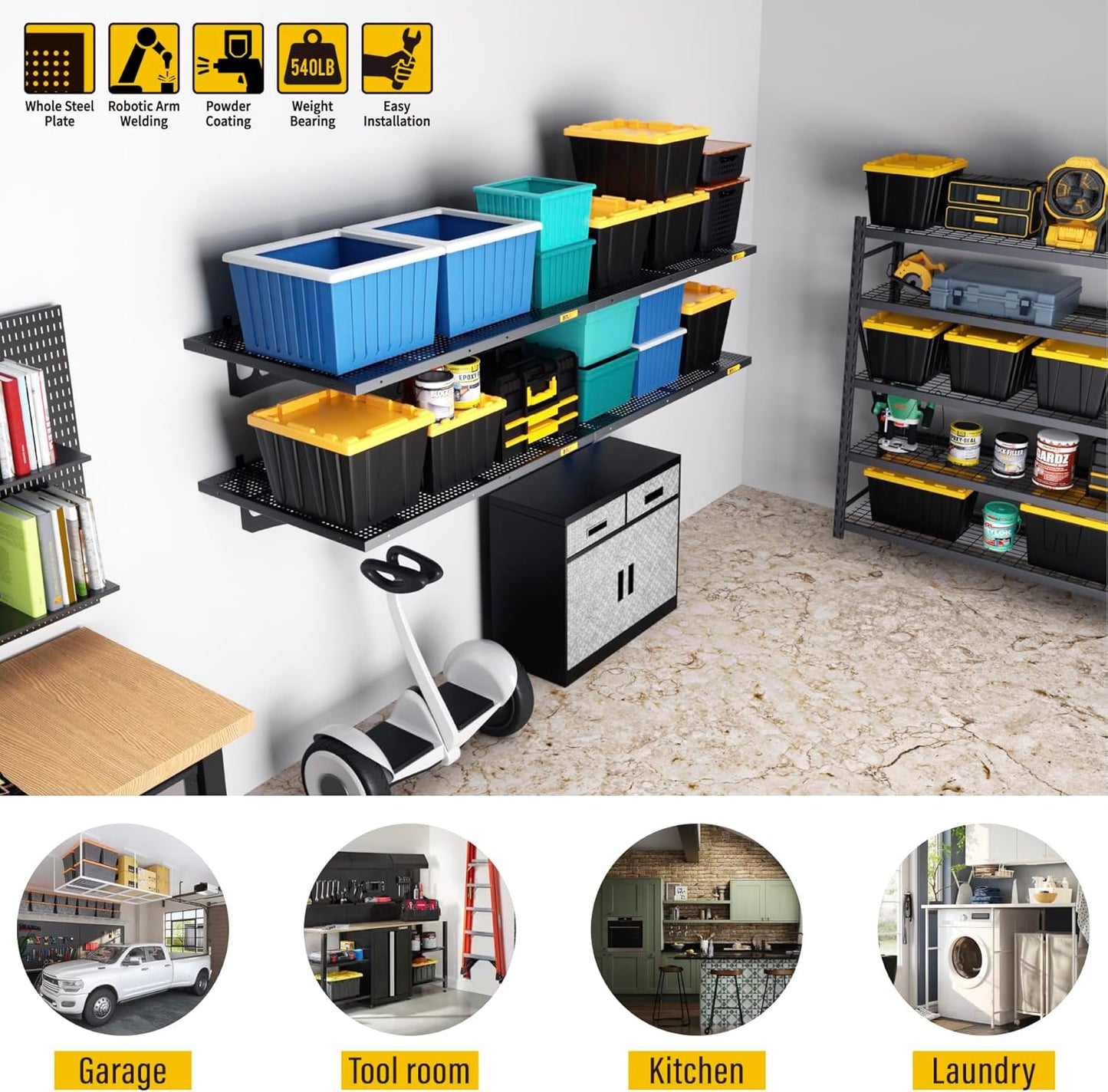 4Pack 2x3ft Adjustable Metal Garage Wall Shelving Heavy Duty Garage Storage Shelf Wall Mounted Black