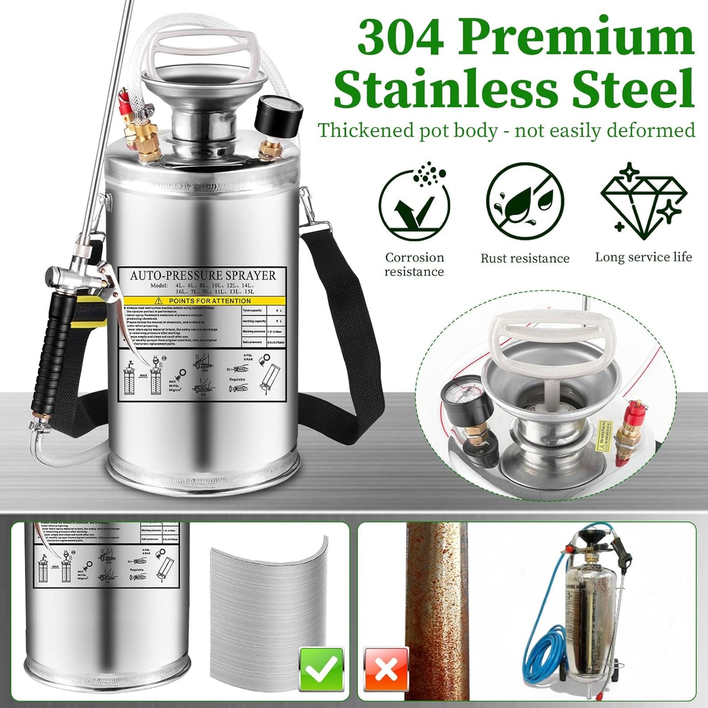 1.5Gal Stainless Steel Pump Up Sprayer Reinforced Hose, Hand Pump Sprayer with Pressure Gauge&Safety Valve, Adjustable Nozzle Suitable for Gardening (1.5 Gallon)