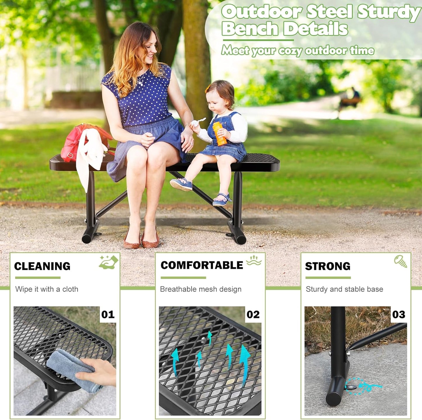 Heavy-Duty Park Bench or Table for Outside - Black Coated Outdoor Furniture Steel Bench, Commercial-Grade Outdoor Benches Weatherproof for Park, Patio, Porch (Black, 4FT (Without Backrest))