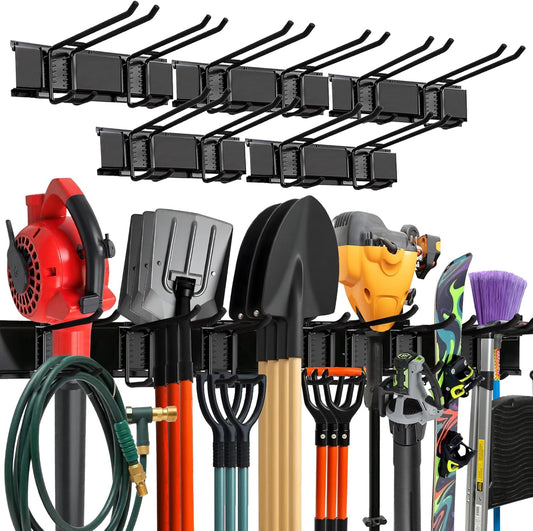 Garage Wall Organizer | 80" Heavy-Duty Tool Storage Rack | Adjustable Double-Layer Hooks | 500 lbs Capacity | Carbon Steel Wall Mount Holder for Shovels, Rakes, Ladders & Power Tools