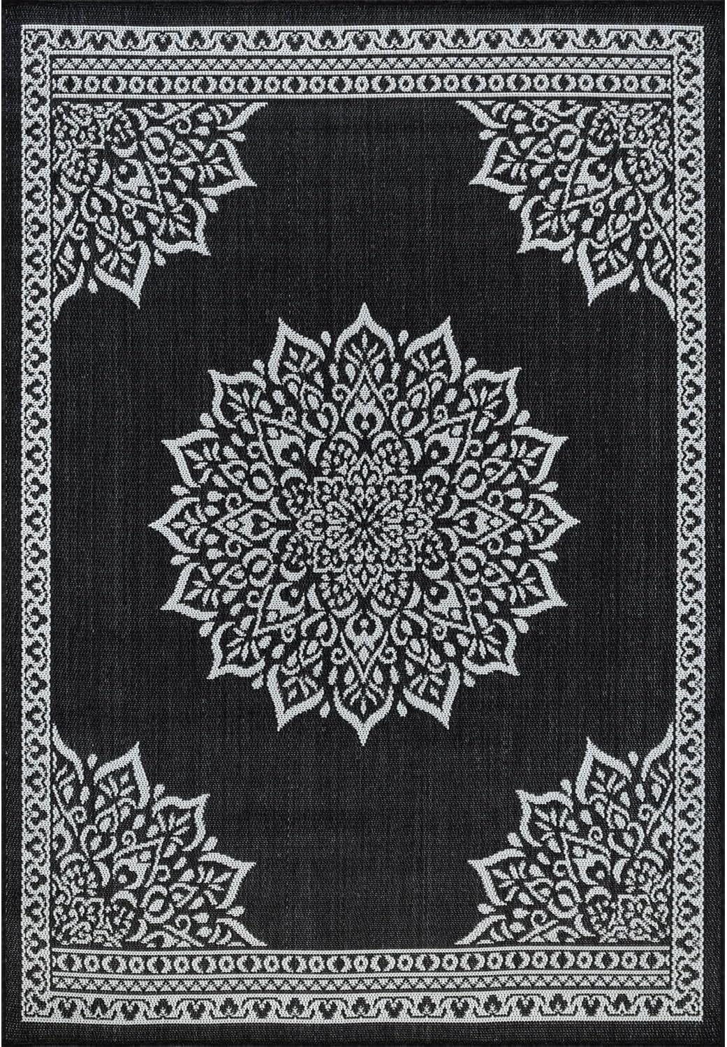 CAMILSON Outdoor Rug, 9x12 Medallion Black White Modern Area Rugs for Large Indoor and Outdoor Patios, Kitchen and Hallway Mats, Washable Porch Deck Outside Carpet (Medallion Black, 9 x 12)