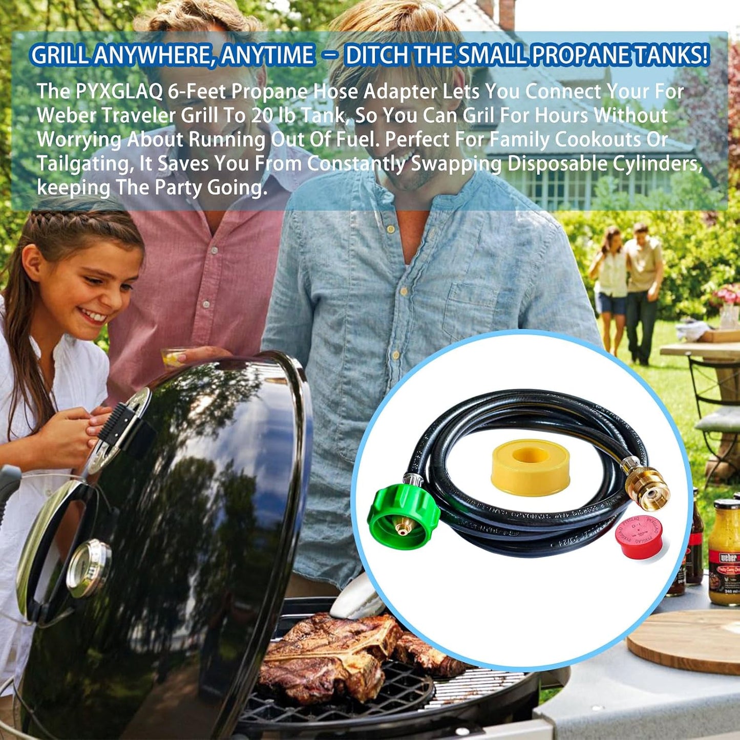 6 Feet for Weber Adapter Hose for Weber Travelev Grill, for Weber Traveler Grill Accessories for Weber Q 1000 for Weber Q Series, and for Weber Traveler Gas Go-Anywhere Grills Propane Adapter.