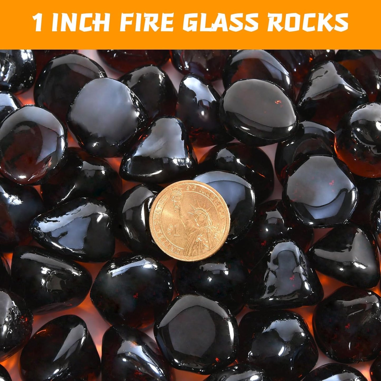 Fire Glass, Fire Pit Rocks for Propane Firepit, Fireplace and Outdoor Decorative, 10LB High Luster 1 Inch Amber Diamonds Glass Beads