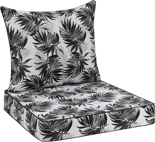 Favoyard Outdoor Seat Cushion 19 x 19 x 3 in Waterproof Pattern Fade Resistant Cover Removable Patio Furniture Cushions Deep Seat & Back Cushion Set with Adjustable Straps for Patio Chair Sofa Couch