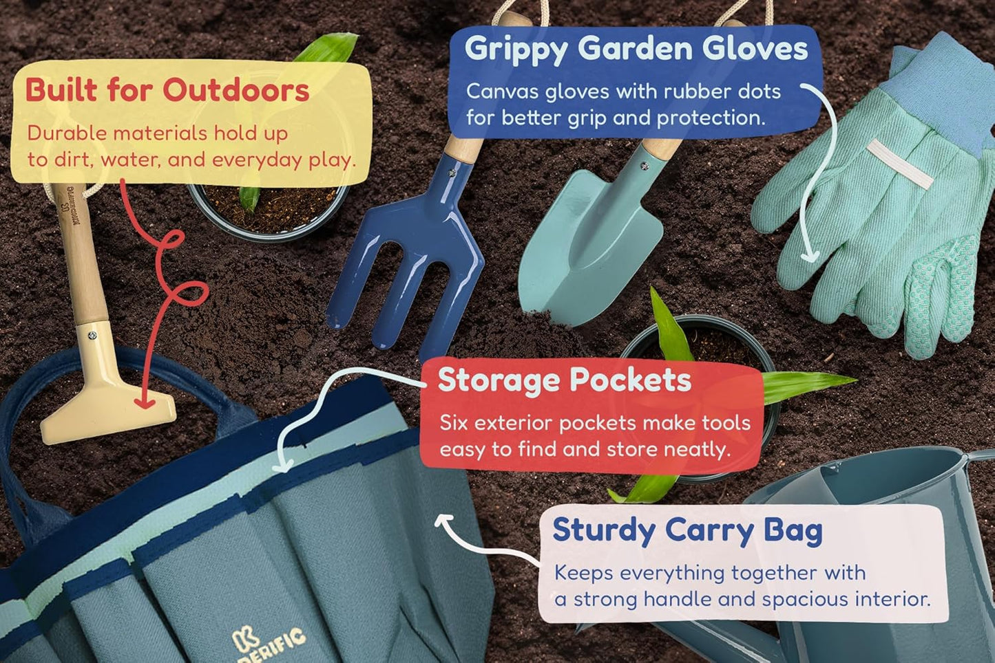 Gardening Set, Tool Kit, for Kids, STEM, Includes Tote Bag, Spade, Watering Can, Rake, Fork, Trowel and Gloves (Ocean Blue)