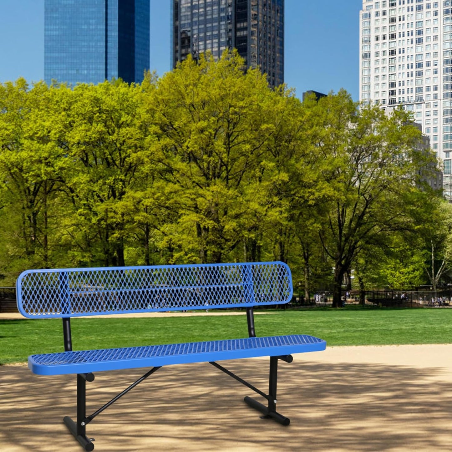 6 FT Steel Park Bench for Outside, Outdoor Bench with Backrest & Portable Frame, Commercial Benches for Shopping Mall, Store, Park, Patio, Deck, Blue