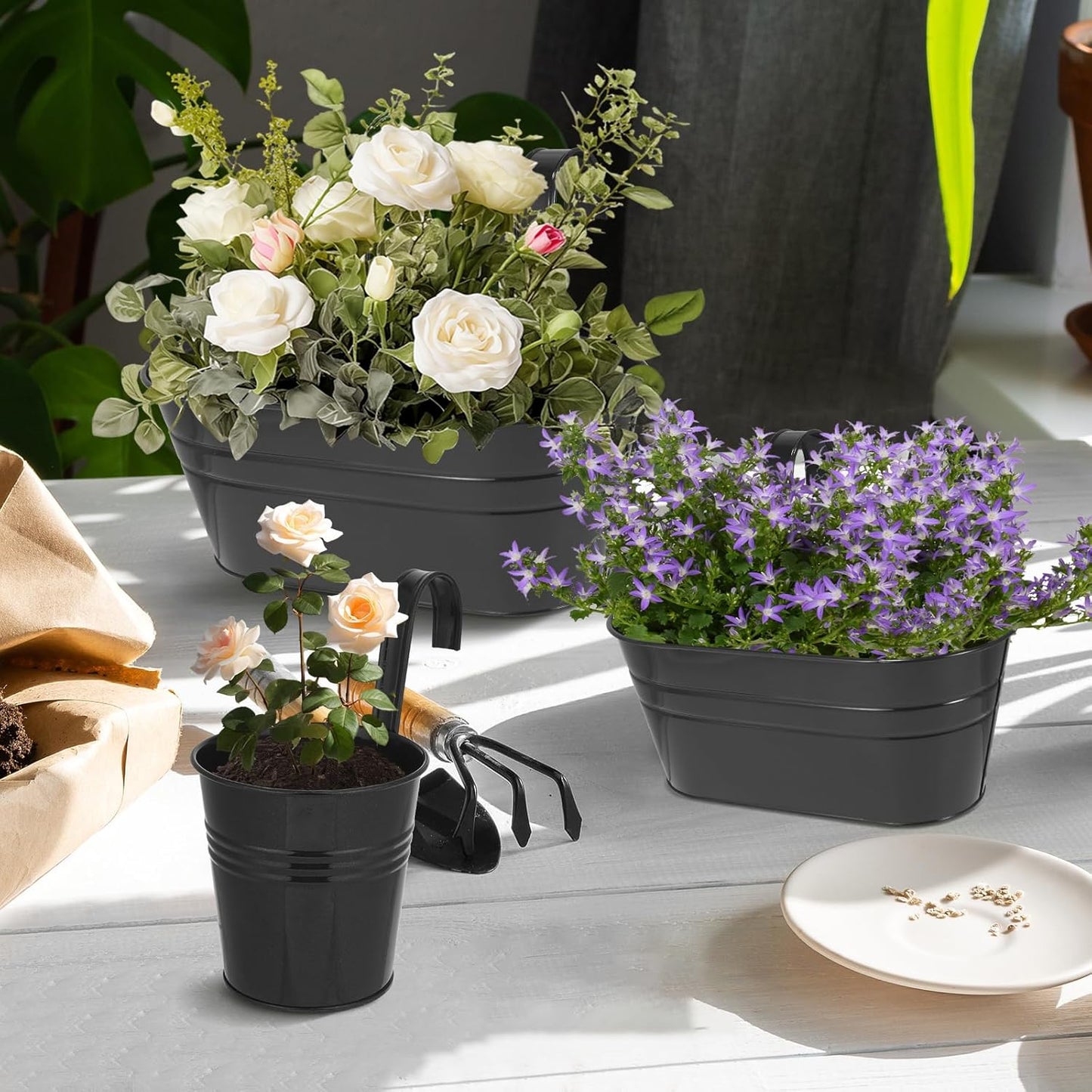 3 Different Size Metal Iron Hanging Flower Pots 10 Pcs for Outdoor Plants Metal Hanging Bucket Pots Iron Railing Fence Planter with Drainage Holes and Hooks for Porch Railing Balcony Fence (Black)