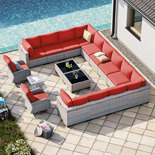 17-Piece Patio Furniture Set, Outdoor Patio Furniture with Swivel Chairs Set, Thick Cushions, Modular Patio Sofa, Dual-Strand Wicker Rattan, Rust-Resistant Frame, Red