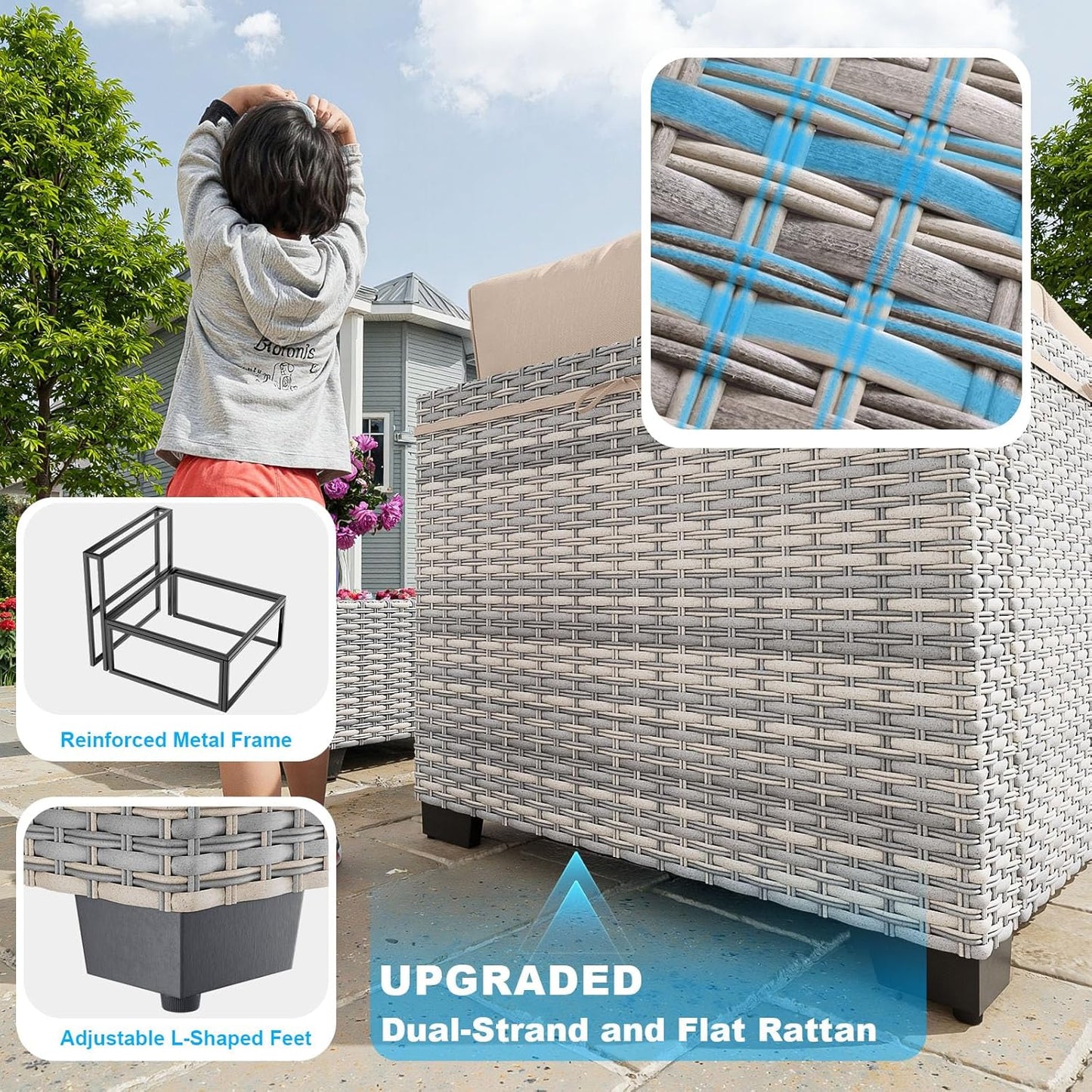 18-Piece Patio Furniture Set, Outdoor Patio Furniture with 55,000 BTU Fire Pit Table, Swivel Chairs Set, Thick Cushions, Modular Patio Sofa, Dual-Strand Wicker Rattan, Rust-Resistant Frame,Khaki