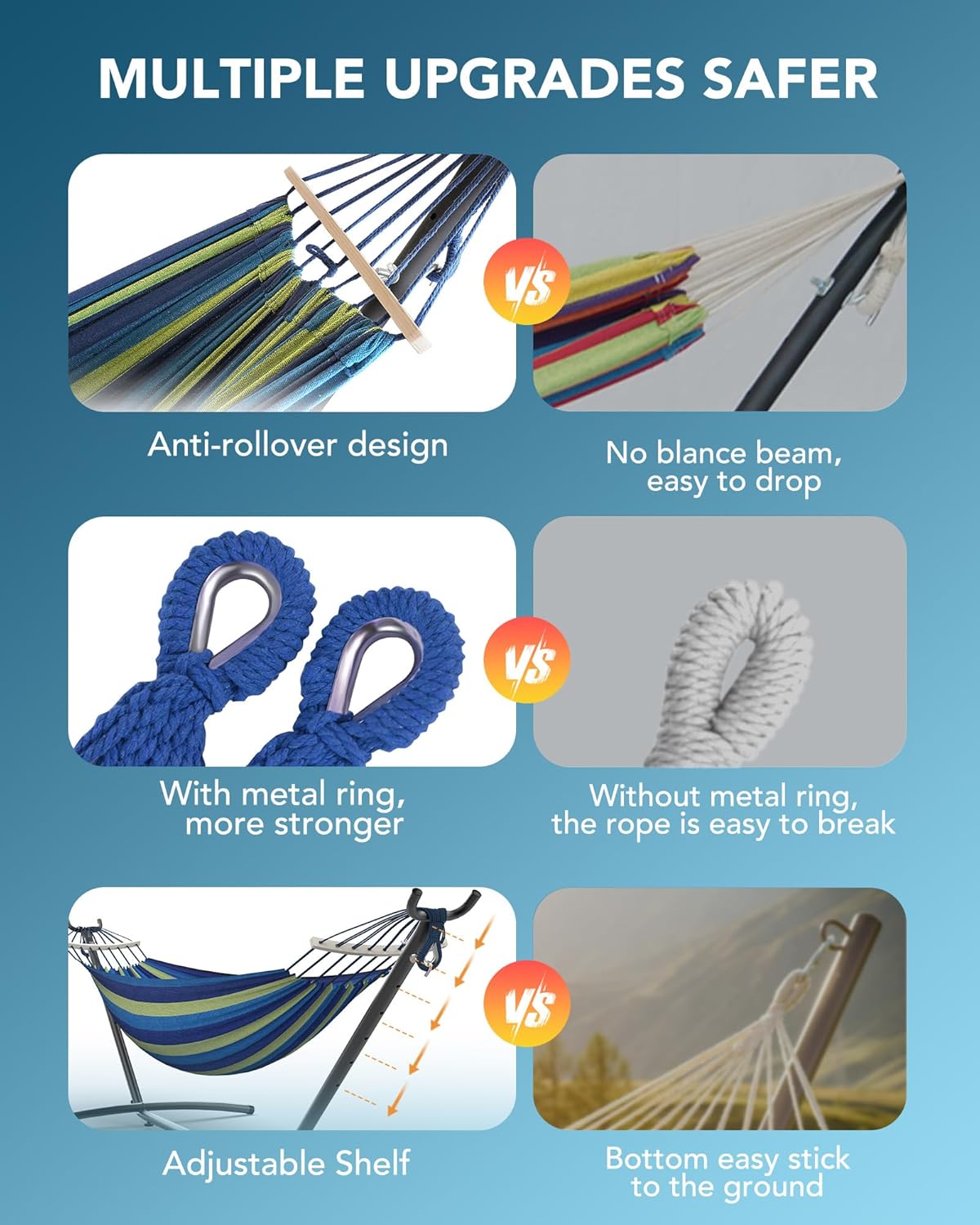 Double Hammock with Space-Saving Steel Stand, 2 Person Heavy-Duty Hammock for Garden, Yard or Outdoor, 600lbs Capacity, Wide Blue