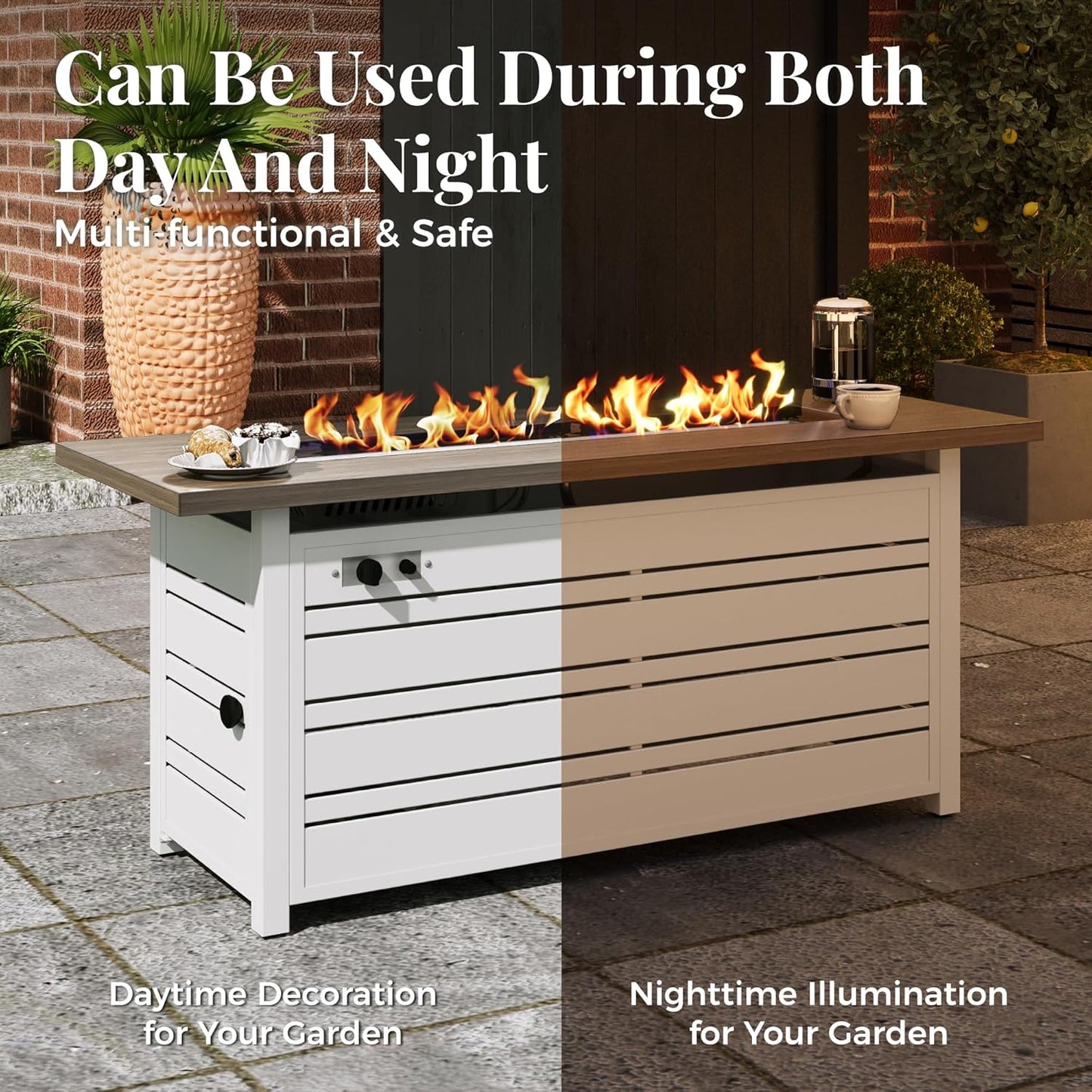 56 Inch Gas Fire Pit Table, 50,000 BTU Propane Pits for Outside with Removable Lid and Glass Fire Rocks, 2 in 1 Firepit Table Gatherings Parties on Patio Deck Garden Backyard, White
