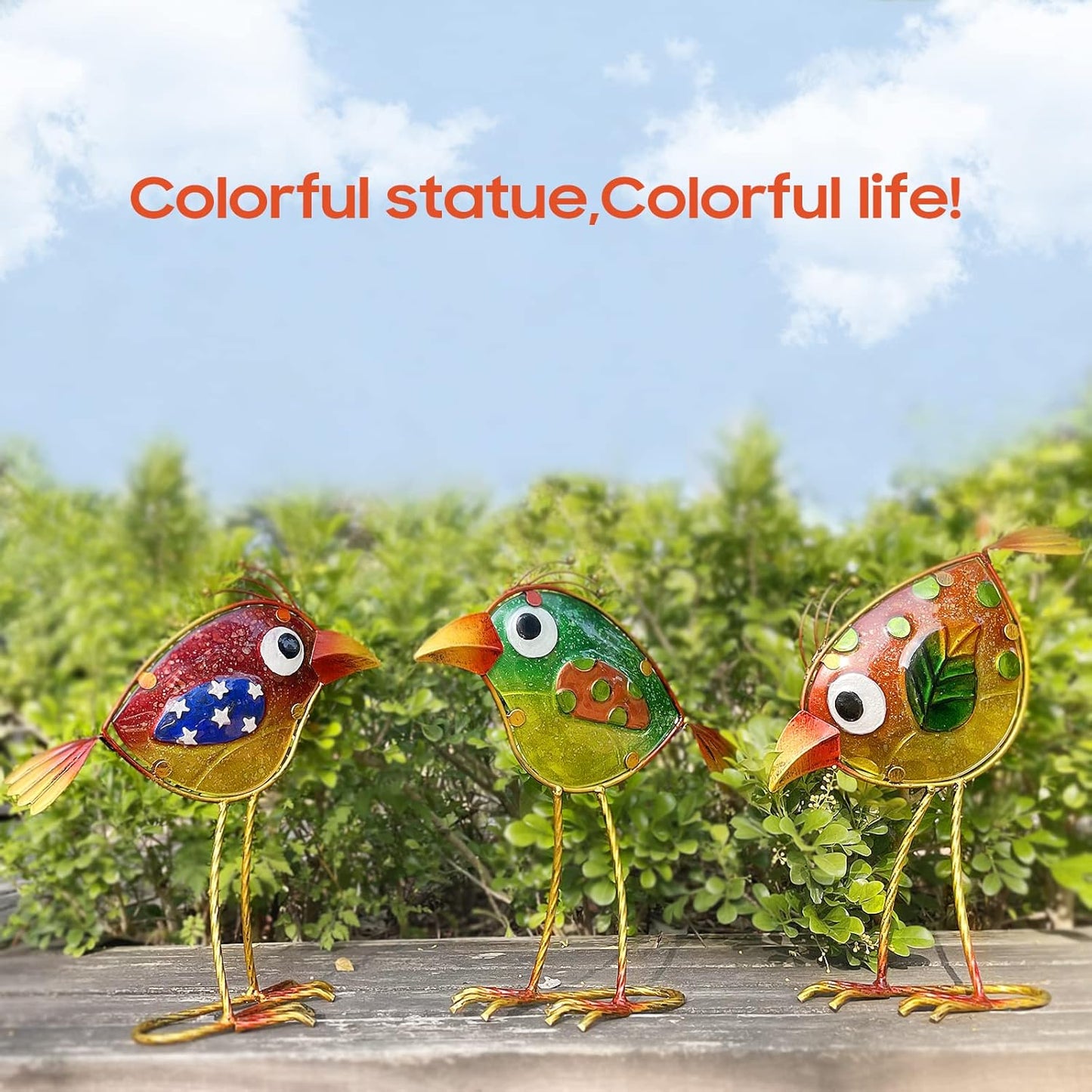 Garden Decor for Outside,Funny Metal & Glass Bird Decor for Indoor & Outdoor Set of 3,Yard Art Decor,Garden Art Statues Decorations,Colorful and Patriotic