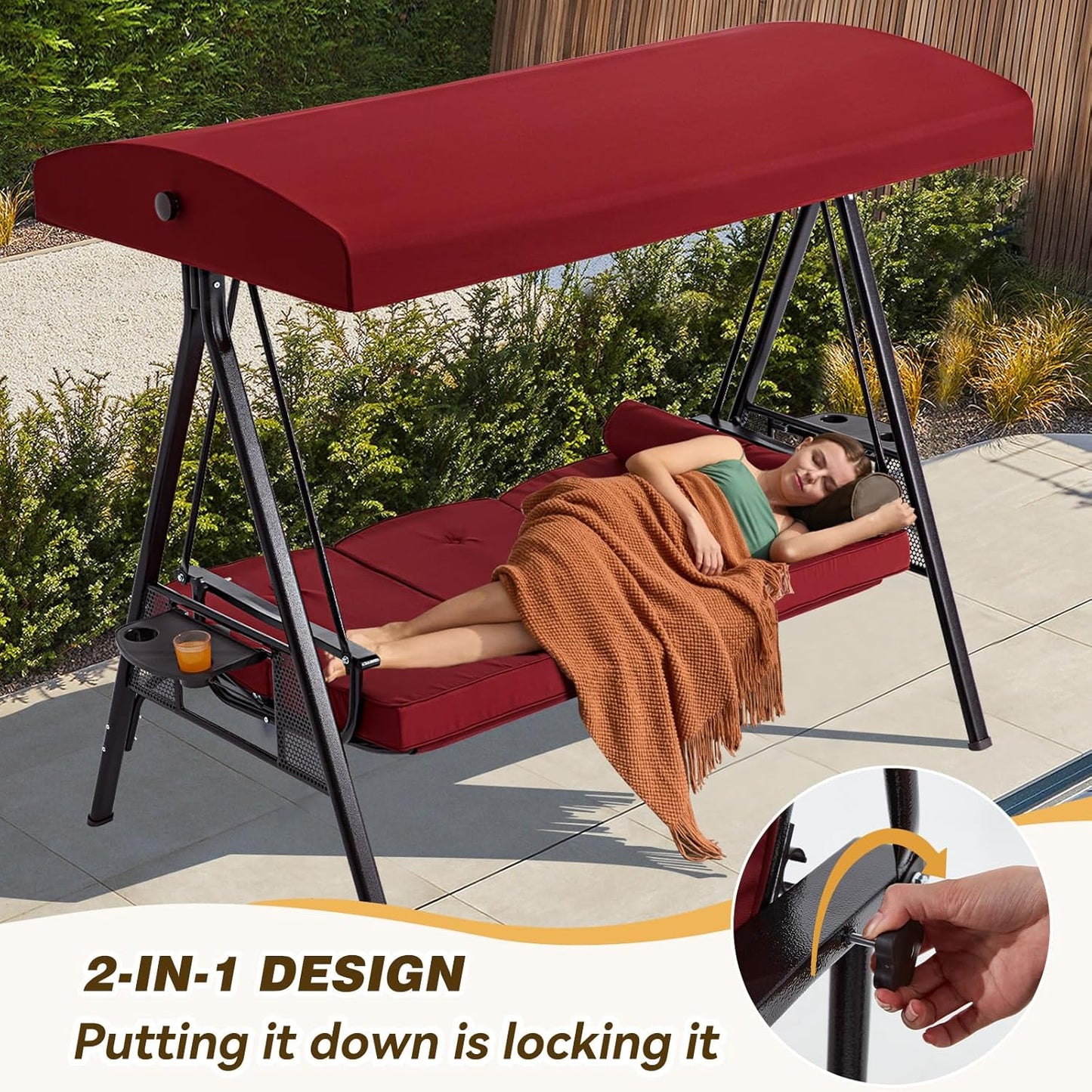 3 in 1 Outdoor Porch Swing with Adjustable Canopy, 3 Seat Outdoor Swing for Adults, Patio Swing Chair with Thickened Cushions,Pillows & Cup Holders for Backyard, Porch, Garden (Wine Red)