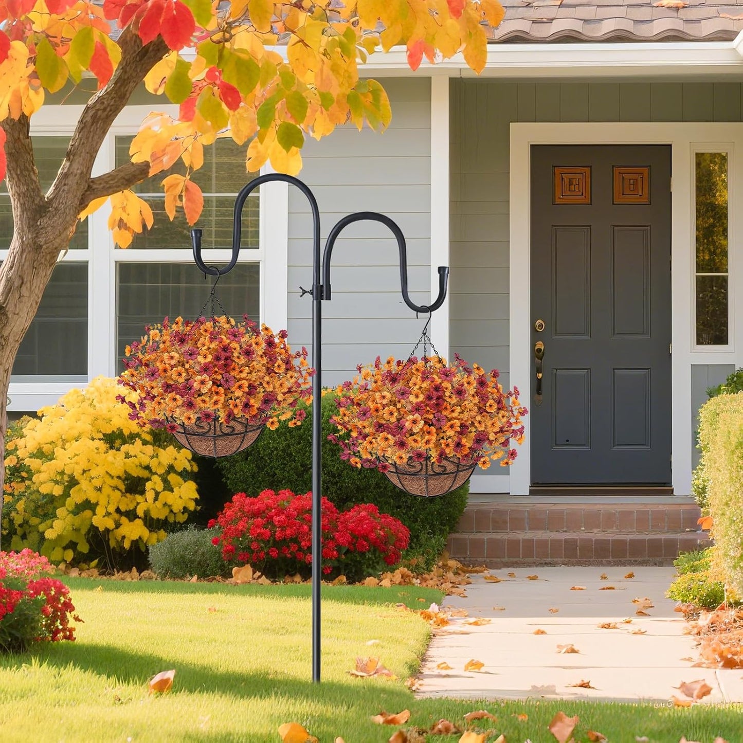 Fall Artfiticial Hanging Flowers Baskets for Outdoors, UV Resistant Fake Fall Hanging Plants, Faux Orange Flowers for Autumn Home Patio Garden Front Porch Balcony Decor (Yellow Red)