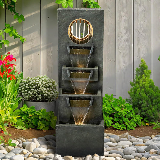 Naturefalls 39.3” H Modern Outdoor Fountain - 4-Tiered Outdoor Garden Fountains with Contemporary Design&LED Light for Garden, Patio, Deck, Porch, Backyard and Home Art Decor