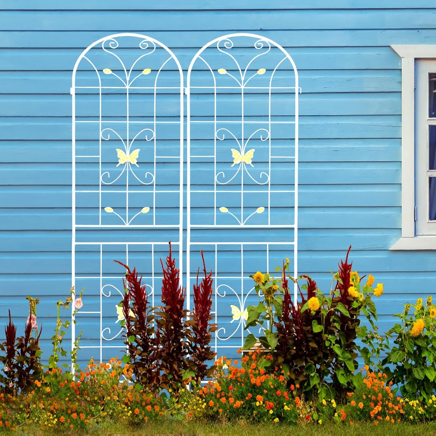 2 Pack Metal Garden Trellis 86.7" Black Fence Rustproof Garden Trellis for Climbing Plants Support Roses Flower Outdoor Lawn, Cream White