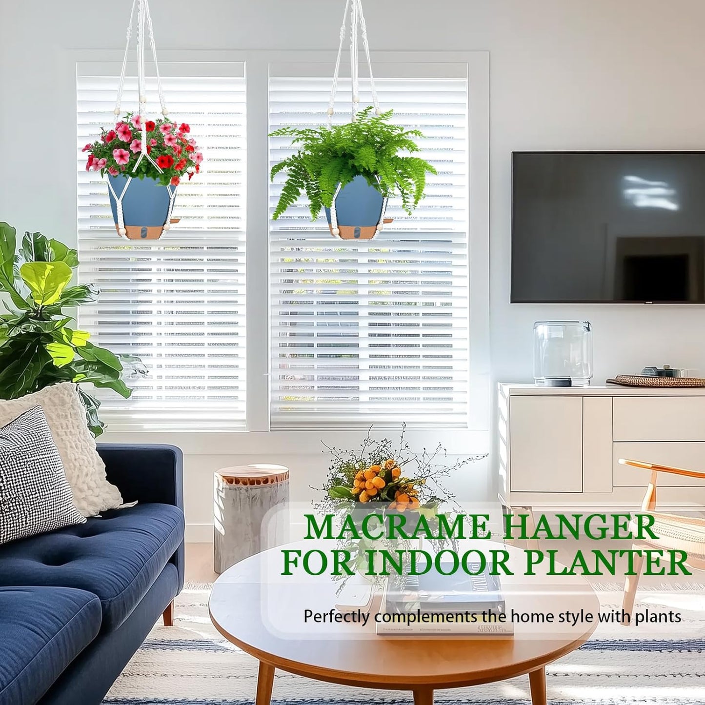 Hanging Planters for Indoor Plants 8 Inch, 2 Pack Hanging Baskets for Plants, Self Watering Hanging Flower Pots with Drainage Hole & 2 Kinds of Plant Hangers for Garden Home Decor (Navy Blue, 8 inch)