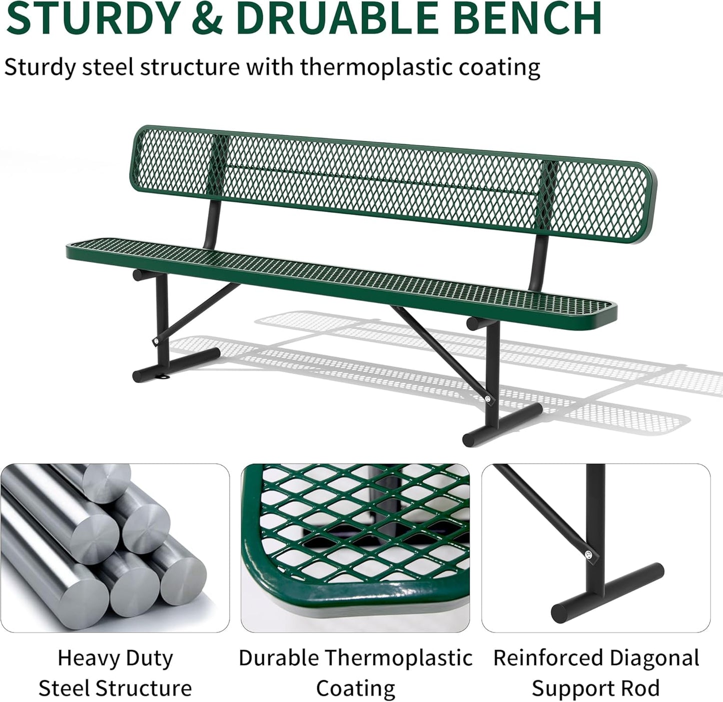4/6/8 Feet Park Bench for Outside Heavy Duty Metal, Garden Benches Outdoor Bench with Backrest & Portable Frame, for Shopping Malls Stores Parks Patios Decks, Green