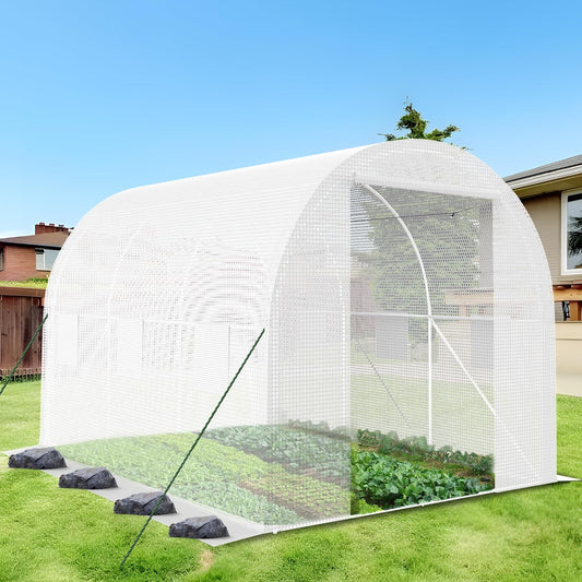 9.8*6.5*6.5FT Heavy Duty Greenhouse for Outdoors, Large Walk-in Green House with High Tunnel PE Cover & Irrigation Garden Sprinkler System for Winter, White