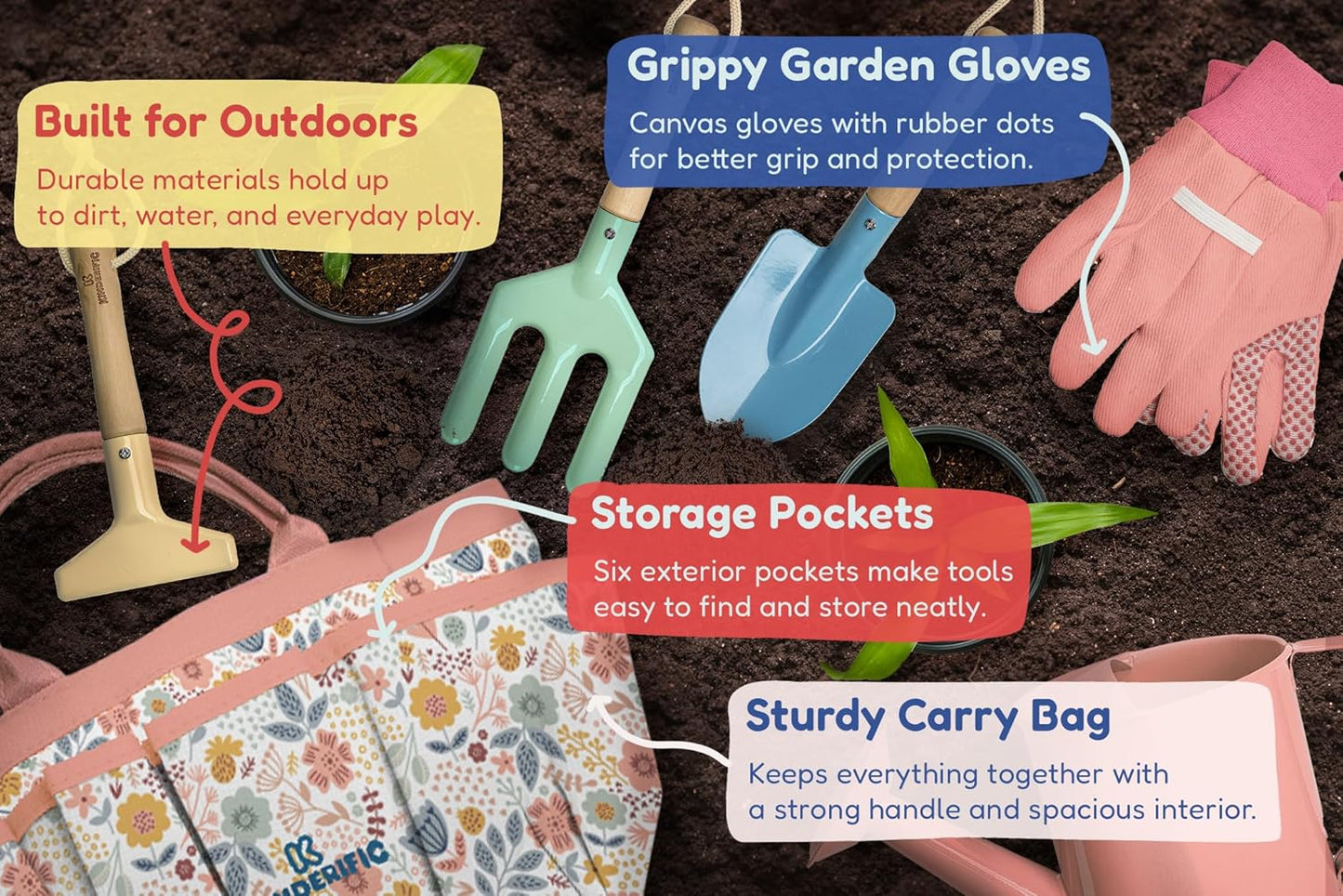 Gardening Set, Tool Kit, for Kids, STEM, Includes Tote Bag, Spade, Watering Can, Rake, Fork, Trowel and Gloves (Petal)