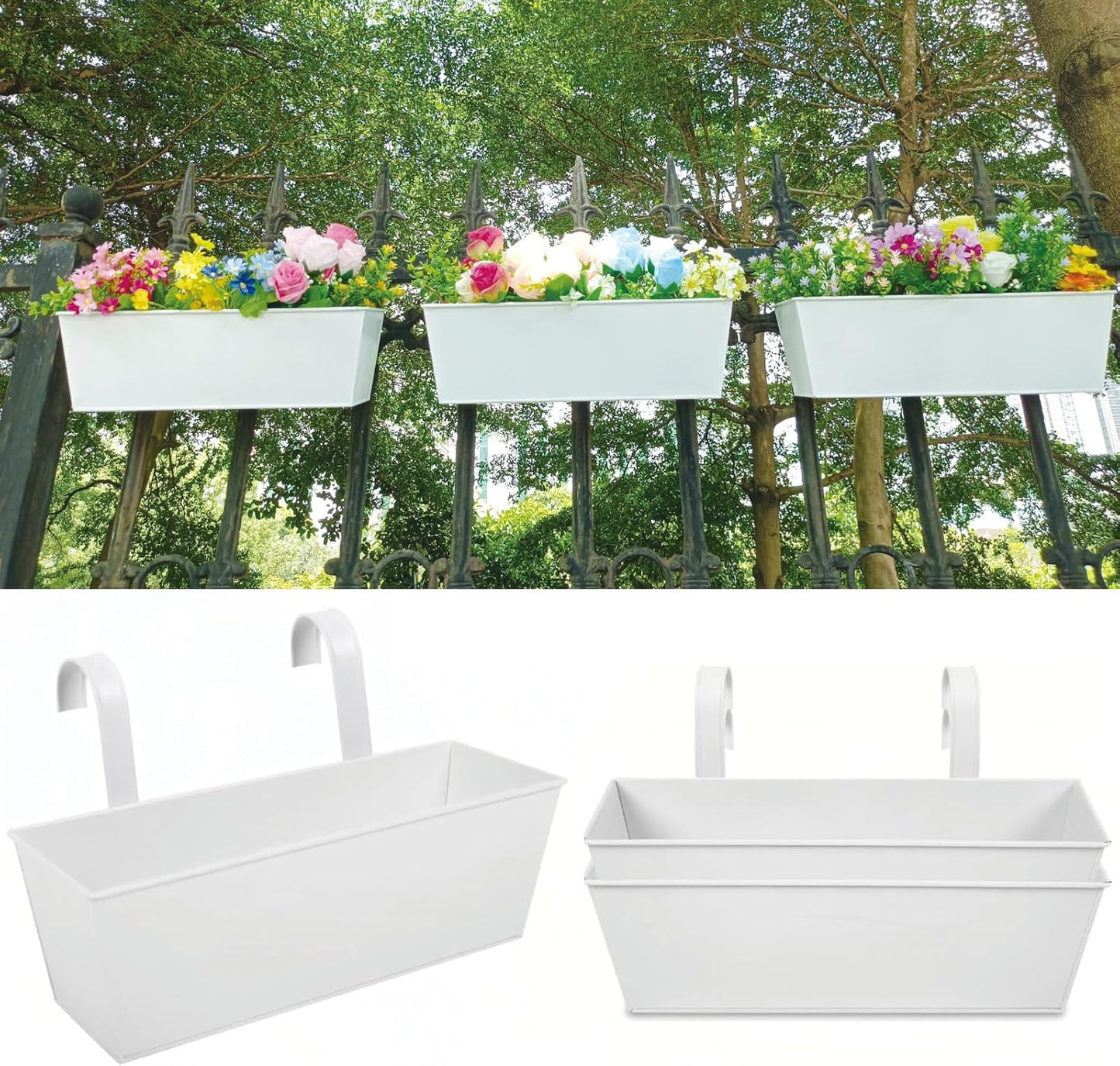 3 Pcs Large Hanging Flower Pots for Railing Or Fence 16 Inch Railing Planter Box for Any Balcony, Porch or Deck Countryside Style Window Planter Boxes Are Perfect to Herbs & Flowers for Garden (White)