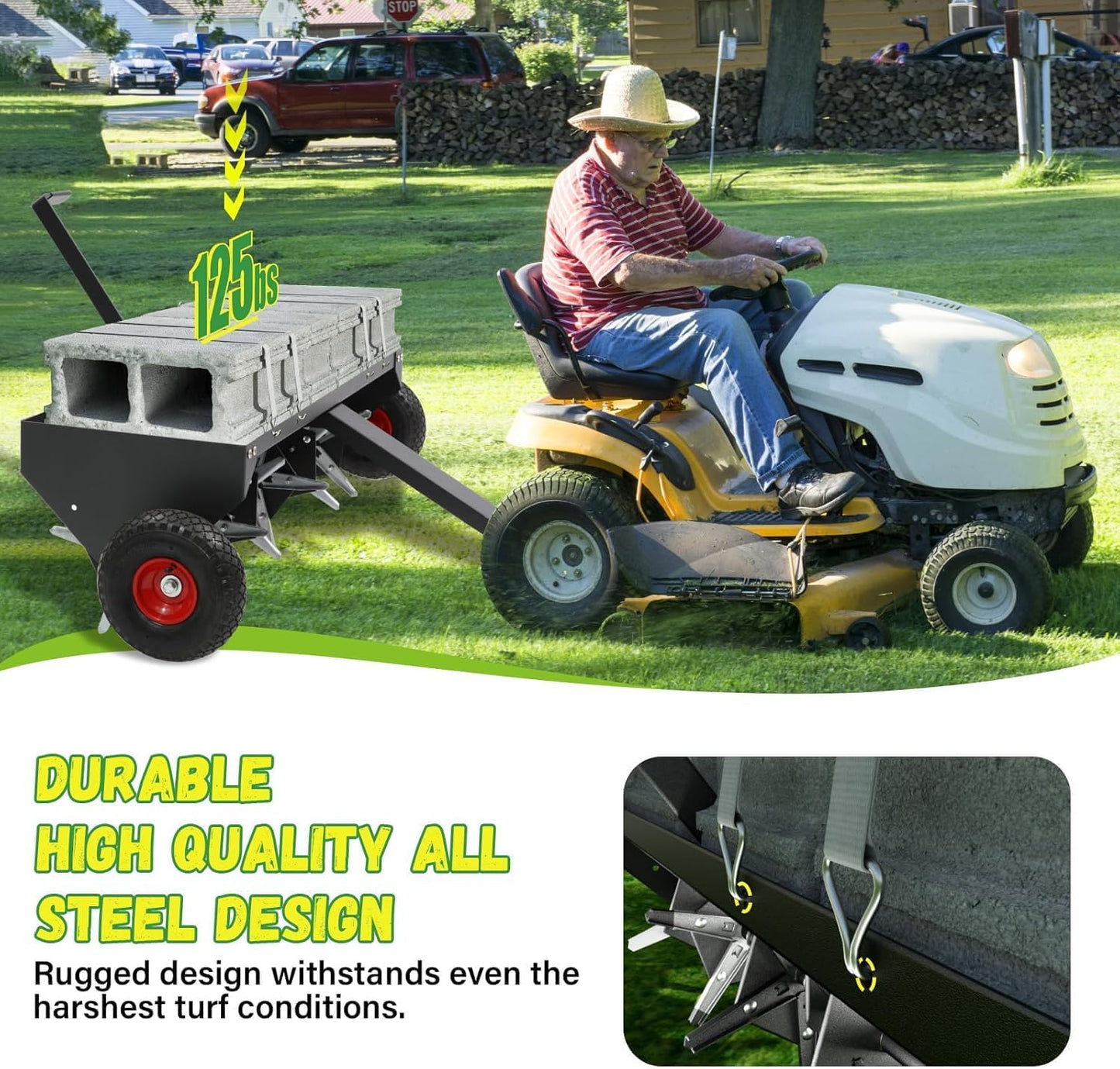 Doniks 48-Inch Tow Behind Lawn Plug Aerator with Universal Hitch, Lawn Aerator Tow Behind with 30 Galvanised Steel Tines,Tray and Inflatable Wheels for Gardens, Lawns, Farms