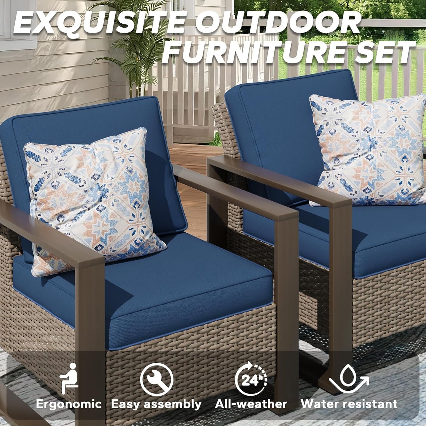 5 Pieces Metal Wicker Patio Furniture Set - 75" Sofa, Two Armchairs and Two Ottomans, All Weather Rattan Outdoor Conversation Furniture with Washable Cushion for Deck Porch, Dark Blue