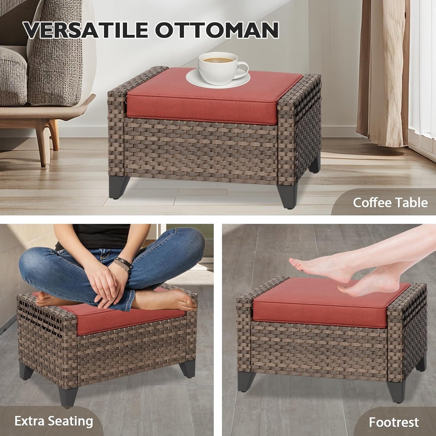 EAGLE PEAK Modern Wicker Outdoor Chair, Patio Chair Curved Armrest, Rattan Patio Furniture for Yard Deck Porch Garden, 2 Chairs 2 Ottomans, 4 Pieces, Brown/Red