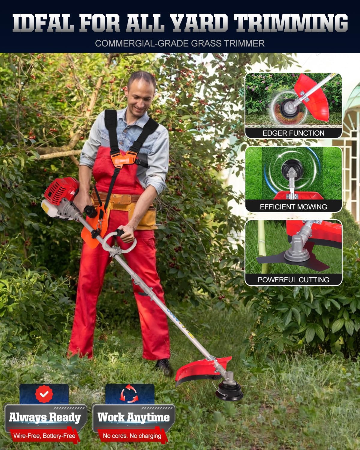 52cc Gas Powered Weed Eater and Brush Cutter 3-in-1, Heavy Duty Straight Shaft String Trimmer with Harness and 2 Heads for Tough Weeds, Grass, and Land Clearing (PT6082)
