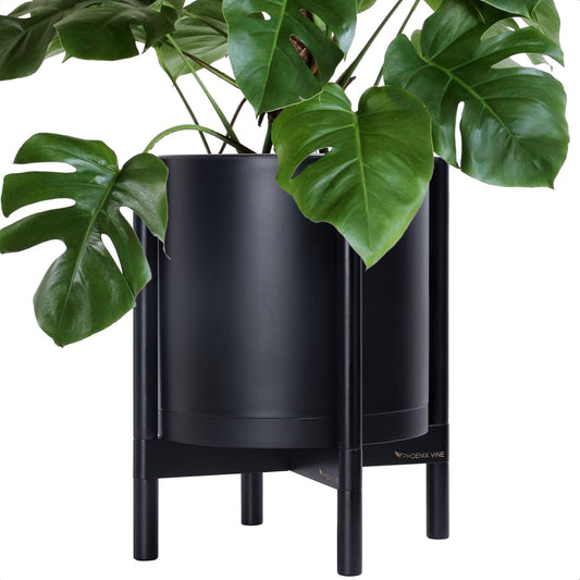 D'vine Dev Planter Pot with Stand - 14 Inch Plastic Cylinder Flower Pot with Wood Planter Holder for Indoor, Matte Black Pot + Ebony Stand, 55-C-T-2
