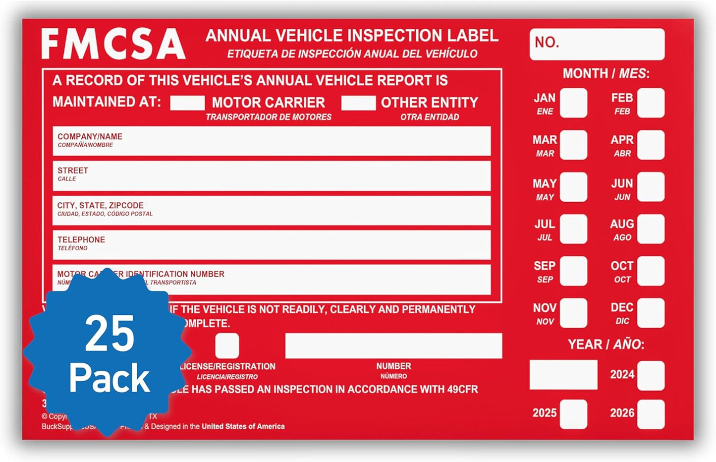 25 Pack Buck Aluminum Annual Vehicle Inspection Label with Punch Boxes, 2 Mil Red FMCSA Self Adhesive Sticker, DOT Compliant, Weatherproof, Tear Resistant, Easy to Write On, 6" x 3.5" - Made in USA