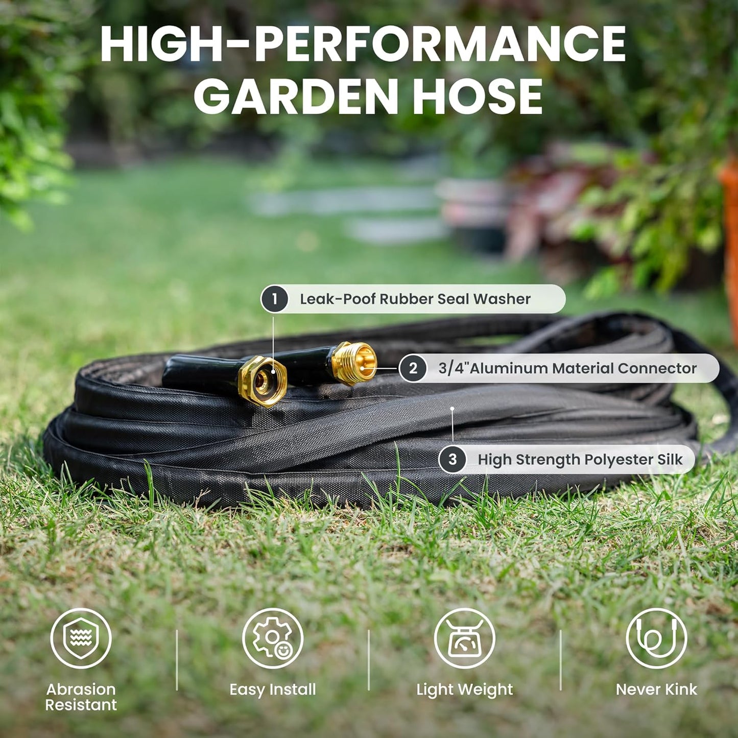 Giraffe Tools Garden Hose 100FT Lightweight Lay Flat Water Hose Kink Free Flexible Hose with 9 Spray Function Nozzle（Black）