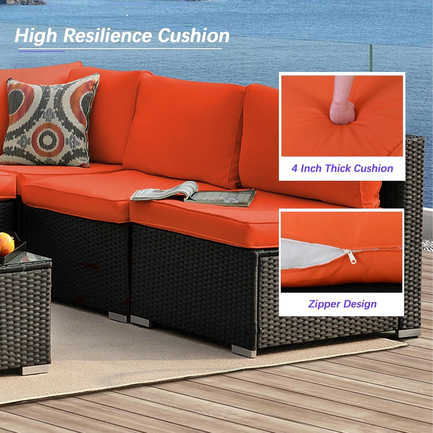 7 Piece Patio Furniture Set, Outdoor Couch Set—All-Weather Outdoor Furniture Sectional w Water Resistant Thick Cushions, Patio Sofa Set w 2 Extra Pillows and Coffee Table, Orange/Black