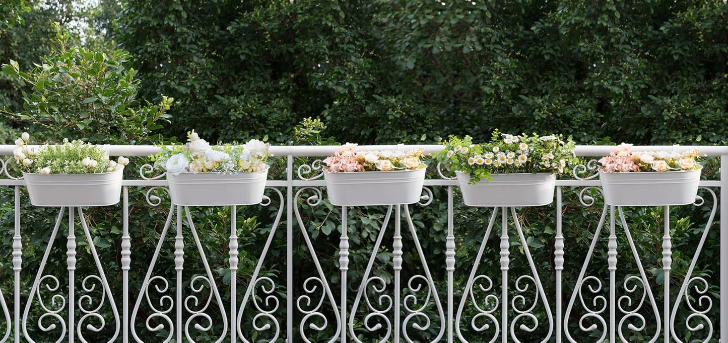 Dahey 5 Pcs Metal Iron Hanging Flower Pots for Railing Fence 15.7 Inch Hanging Bucket Pots Countryside Style Window Flower Plant Holder with Detachable Hooks for Garden Yard Home Decor, White