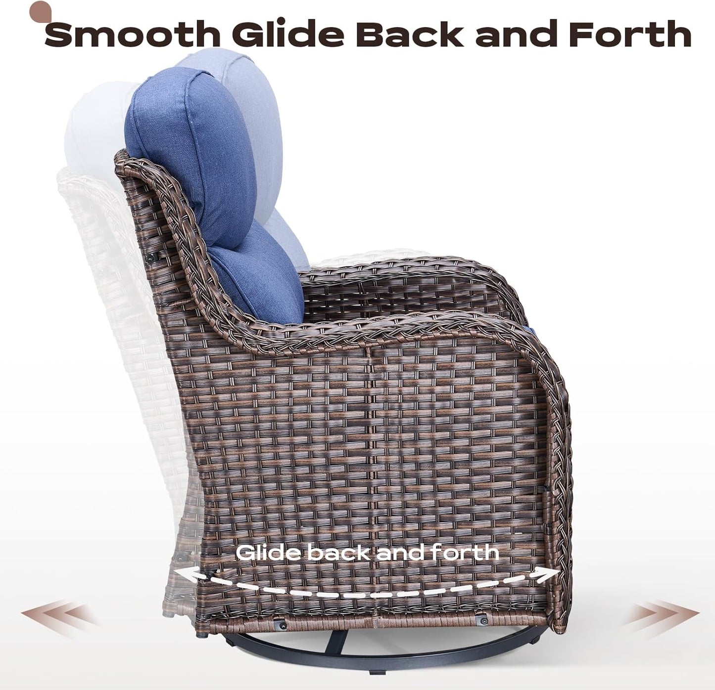 6 Piece Outdoor Patio Swivel Rocker Chairs, Waterproof Wicker, High Back, Deep Seating, Wide Armrest, Upgraded 6 inch Thick Cushions, Side Table, Ideal for Deck Porch Yard, Brown/Blue