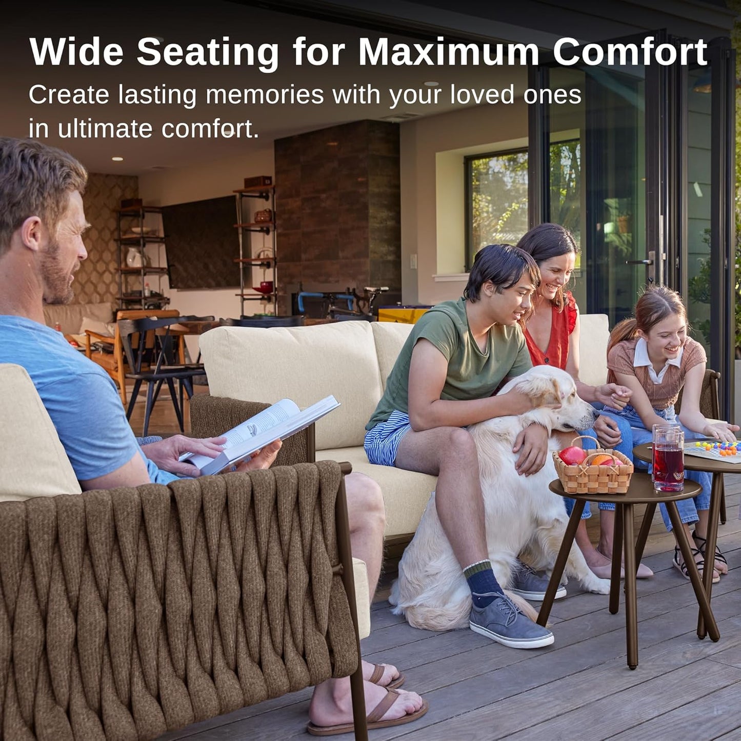 EAST OAK Life Chatter Patio Furniture Set 5 Pieces, Outdoor Furniture 5-Seat Sofa with Two Round Coffee Table, Waterproof Thick Cushion Deep Seating for Porch, Balcony, Chestnut Brown & Creamy Apricot