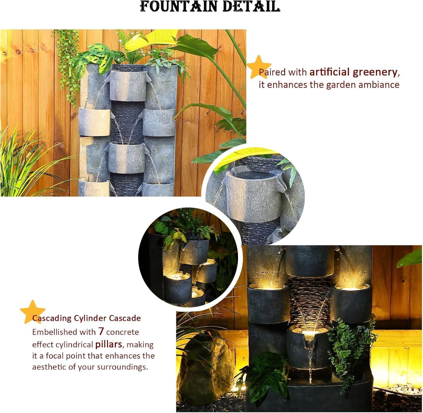 45" H Outdoor Water Fountain Garden - Large Cascading Waterfall Freestanding Fountains Water Feature with Lights for Patio Backyard Deck Porch and Home Decor, Concrete Artistry Style, Gray