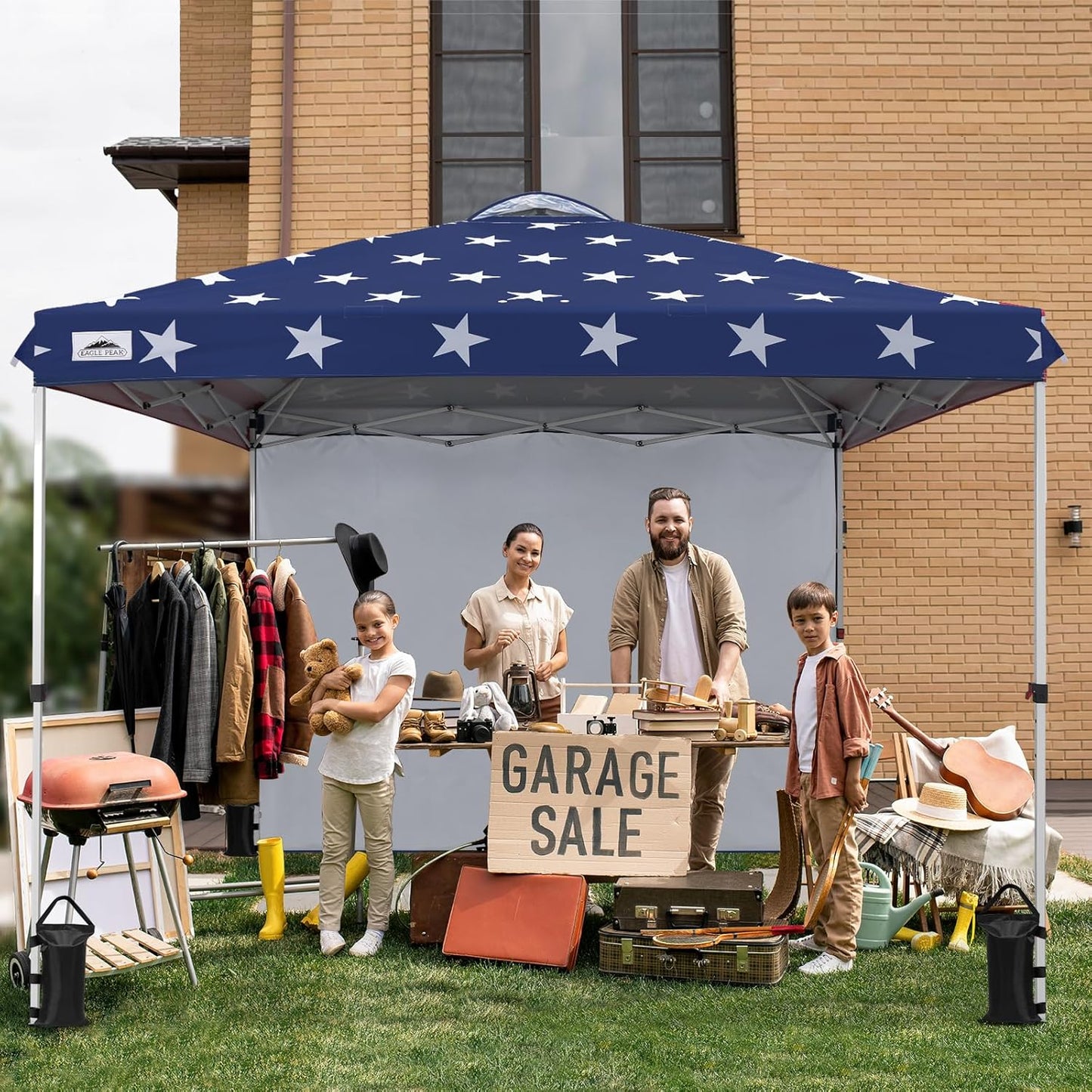 EAGLE PEAK Pop Up Canopy Tent with 1 Sidewall, Easy Setup Event Tent, Outdoor Sun Shade, Wheeled Carry Bag, Stakes and Guy Ropes, Instant Canopy 10x10, American Flag