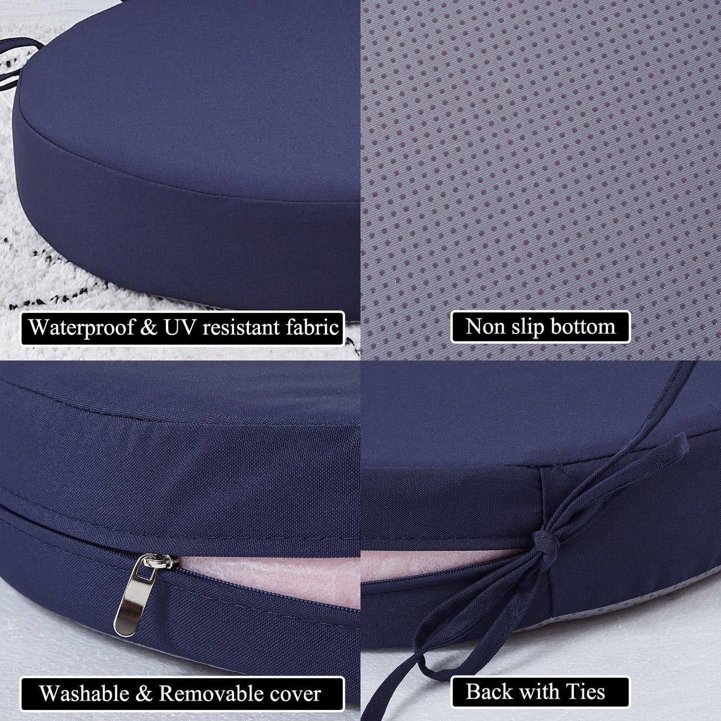 15 x 15 Inch Round Cushions for Outdoor Furniture Non-Slip Waterproof Patio Bistro Chair Cushion with Ties Bar Stool Seat Cushion for Kitchen Chairs Set of 4, Navy Blue