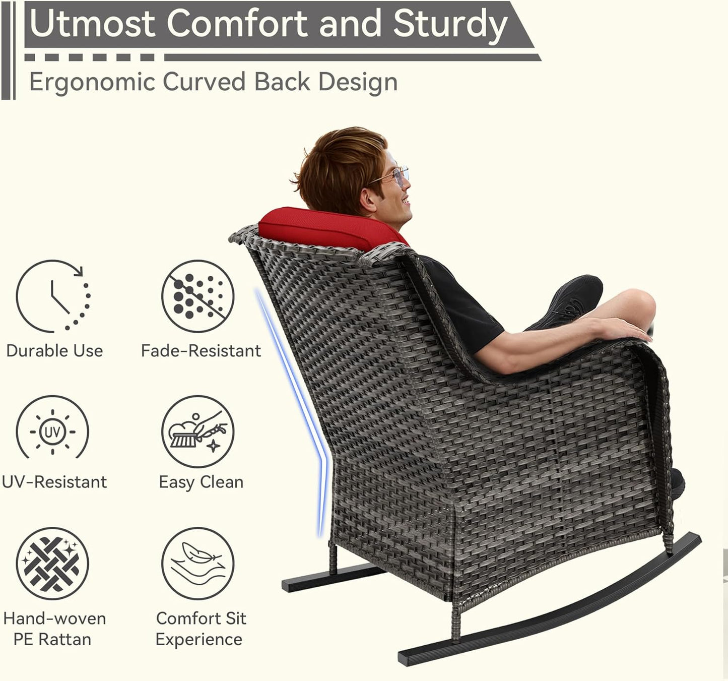 1 PC Outdoor Rocking Chair, Wicker Patio Rocker Chair for Yard, Porch, Mixed Brown Grey Rattan, Red Cushions