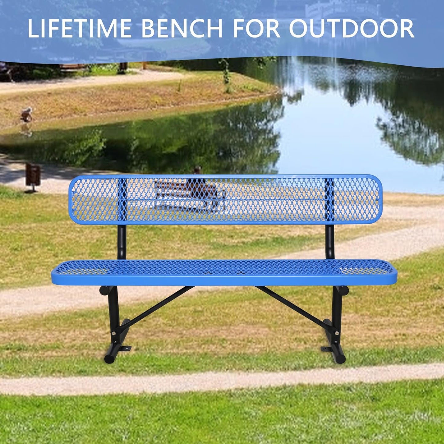 6 FT Steel Park Bench for Outside, Outdoor Bench with Backrest & Portable Frame, Commercial Benches for Shopping Mall, Store, Park, Patio, Deck, Blue