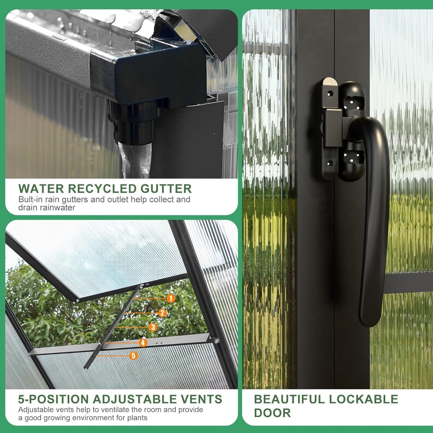 10x16 FT Greenhouse for Outdoor, Large Easy Assembly Heavy Duty Polycarbonate Panels Aluminum Frame Walk-in Green House with 3 Windows Wider Door for Garden Plants