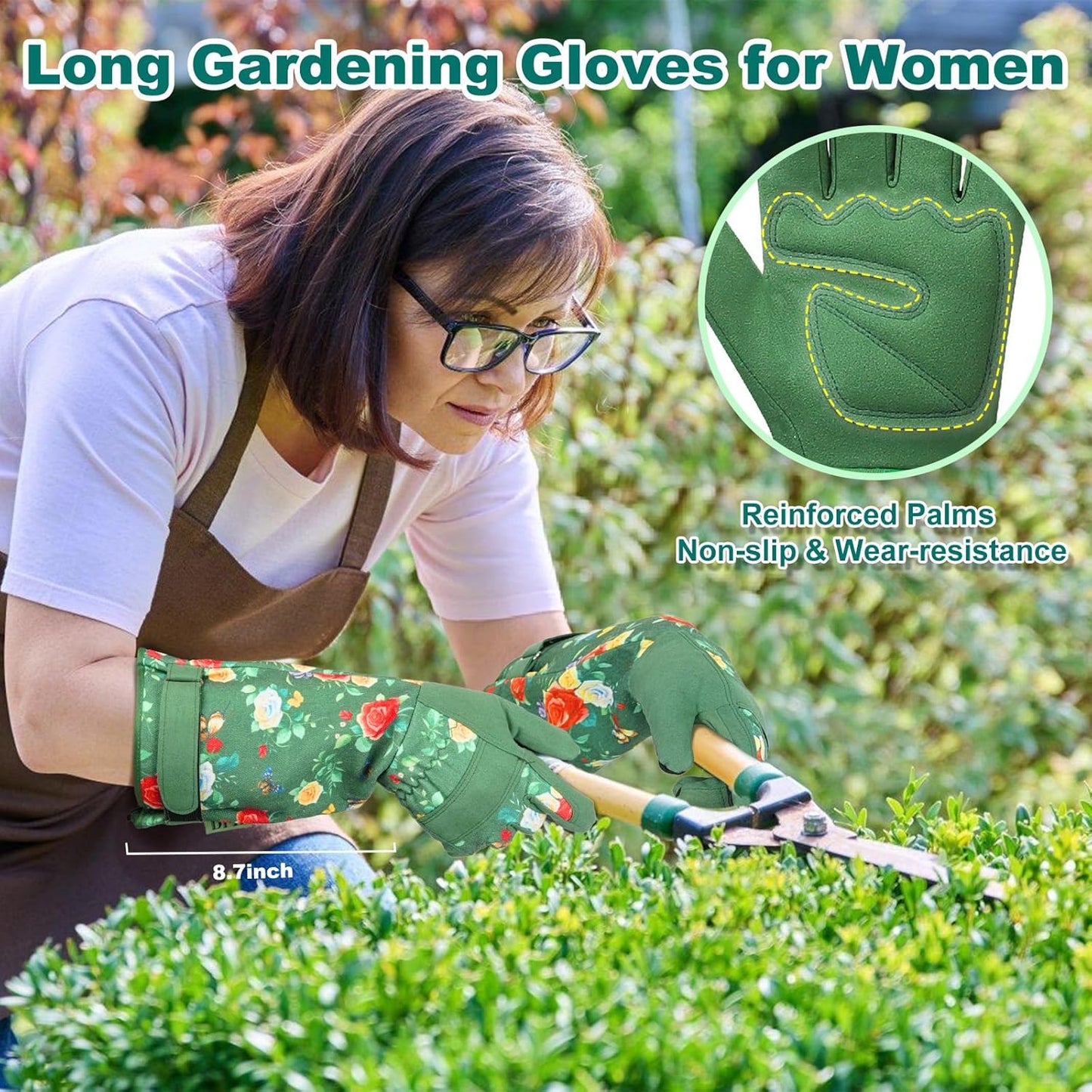 DLY Gardening Gloves,Leather Rose Gloves,Women's Long Gardening Glove for Work and Yard Work,Durable and Comfortable(Medium, Green
