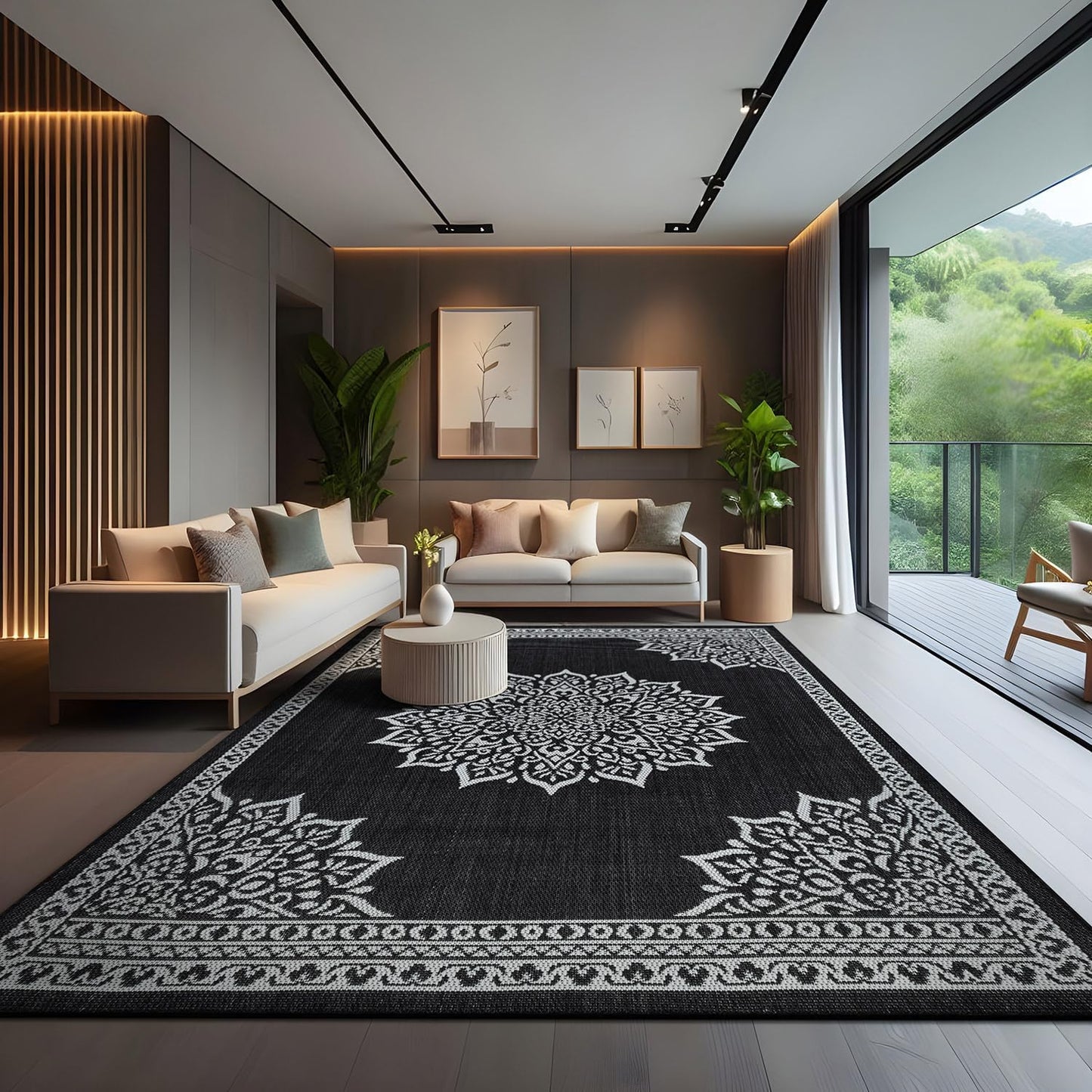 CAMILSON Indoor Outdoor Rug, 10x14 Medallion Black White Modern Area Rugs for Large Indoor and Outdoor Patios, Kitchen and Hallway Mats, Washable Porch Deck Outside Carpet (Medallion Black, 10 x 14)