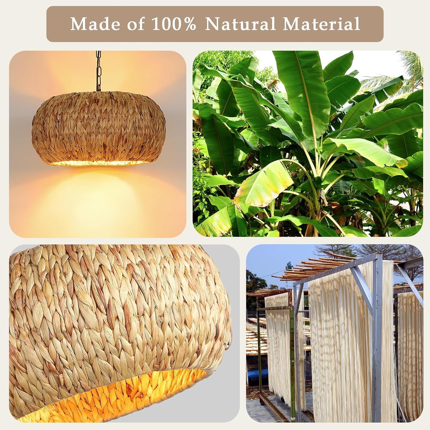 Hand-Woven Boho Pendant Light, 17.7" 5-Light Bohemian Rattan Lighting Fixture Natural Weaving Hanging Ceiling Light Coastal Wicker Chandelier for Kitchen Island Living Dining Room Restaurants