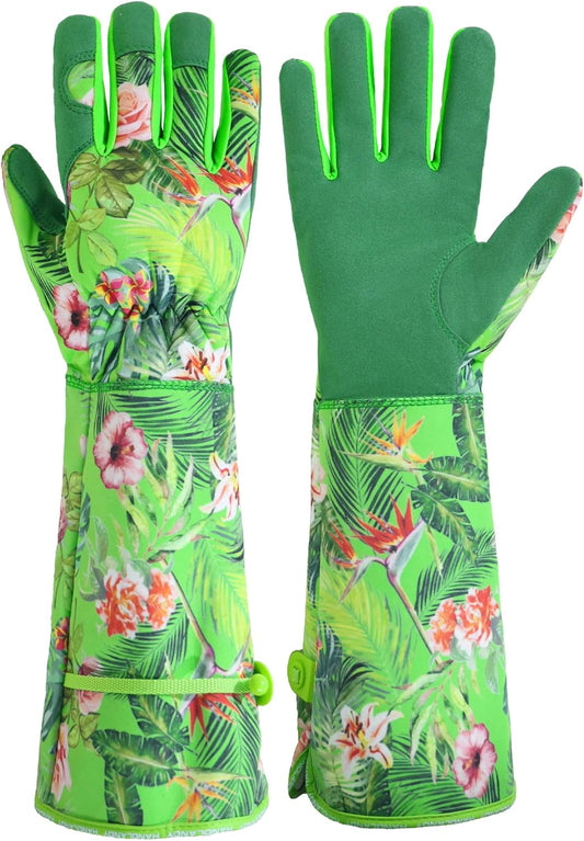 HANDLANDY Women Gardening Gloves, Thorn Proof Breathable Ladies Rose Pruning Long Gauntlet Floral Print Garden Yard Gloves, Gift for Gardeners (Green, S)